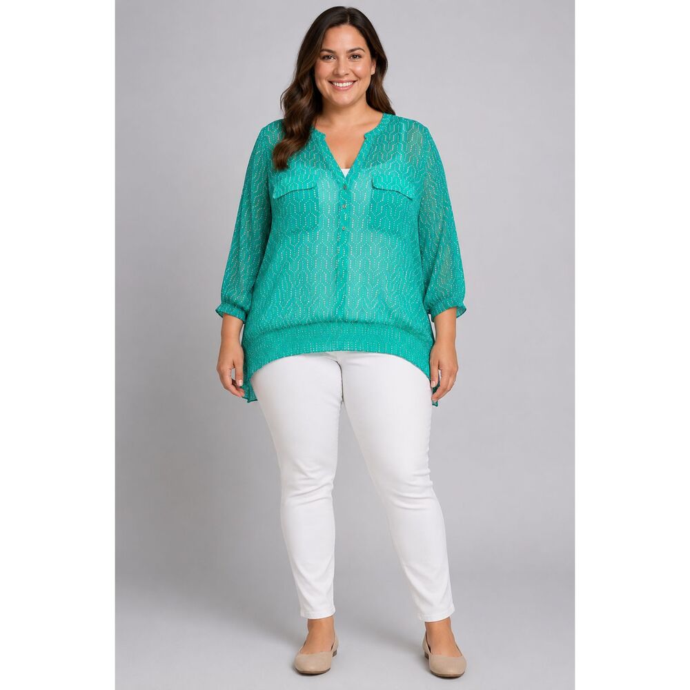 Susan Graver Womens Blouse 3X workwear green sheer 3/4 sleeve top Casual